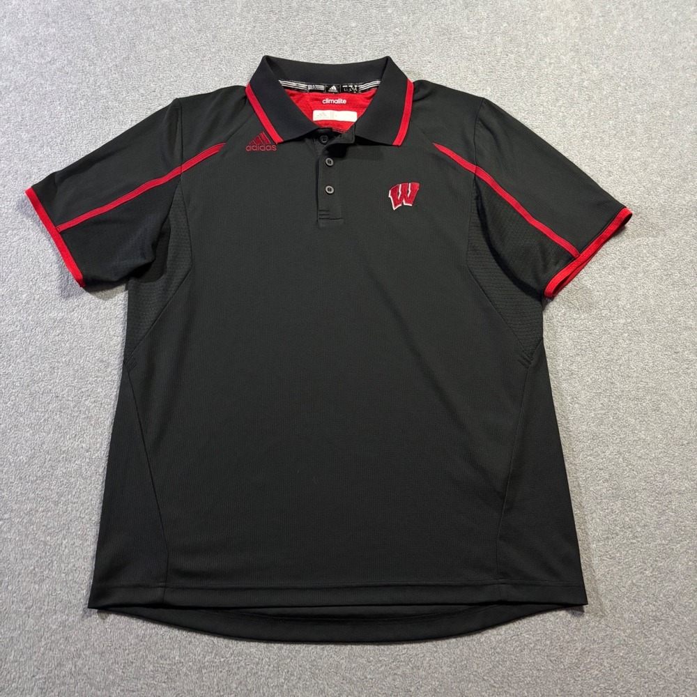 Adidas Wisconsin Badgers Polo Men's Large Black Red Climalite Golf Shirt 1897A